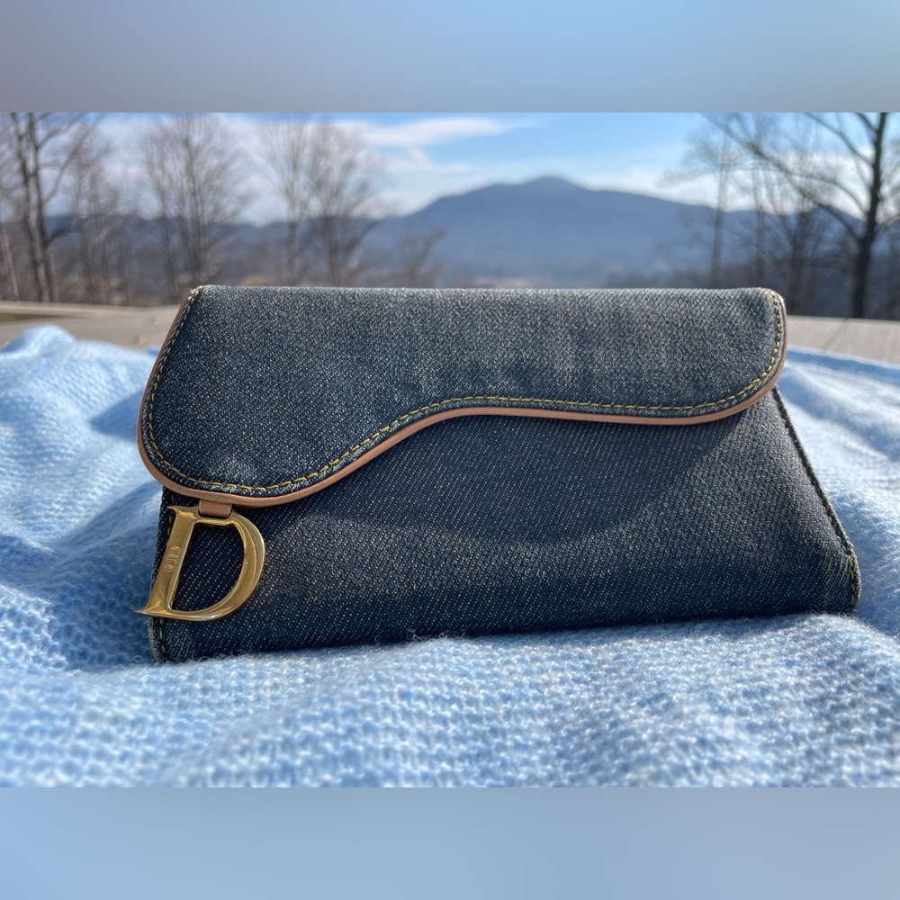 EUC Vintage Denim Dior Saddle Trifold Wallet with Dust Bag